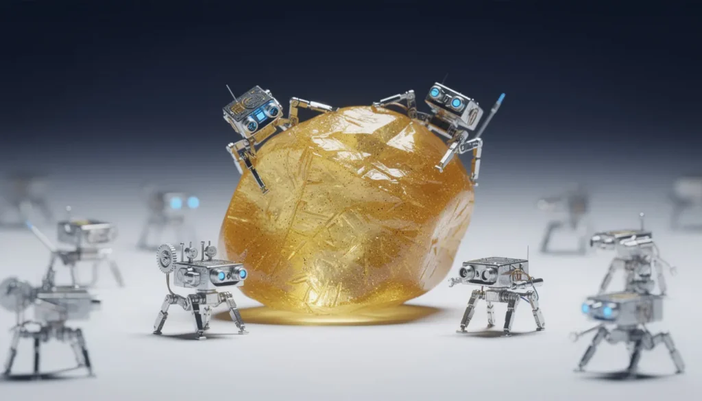 A stunning macro photograph showing a single translucent golden grain of sand in sharp focus at the center, with multiple microscopic metallic robots positioned around and on it to demonstrate extreme scale comparison, the microrobots feature intricate mechanical details with tiny legs, sensors, and articulated joints rendered in polished silver and chrome, each robot is clearly smaller than the sand grain showing precise engineering at microscopic scale, the background is a clean gradient from deep navy blue to soft white creating a scientific laboratory atmosphere, dramatic side lighting creates rim light effects on the sand grain making it glow while casting subtle shadows, the microrobots have LED-like blue accent lights suggesting active technology, some robots appear to be crawling on the sand surface while others are positioned nearby for scale reference, ultra-sharp focus with shallow depth of field emphasizing the incredible detail and miniaturization, the composition uses negative space effectively with the sand grain and robots occupying the center third, photorealistic rendering with scientific precision showing surface texture of the sand grain and mechanical components of the robots, cool color palette dominated by blues silvers and golds, clinical and futuristic aesthetic suggesting cutting-edge nanotechnology, the image conveys both the wonder of extreme miniaturization and the practical applications of microscopic robotics, professional scientific photography style with museum-quality lighting and composition.