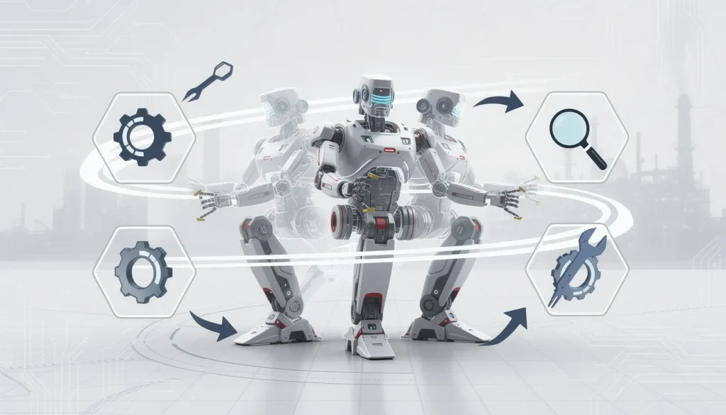 A sleek futuristic industrial robot in the center shown in three overlapping translucent silhouettes suggesting transformation and adaptability, each pose showing different configurations with articulated arms and modular components, set against a clean minimalist background with subtle geometric grid patterns, surrounded by floating technical icons including gear symbols, inspection magnifying glass, wrench tools, and agility motion arrows, color palette of sophisticated steel gray and white with accents of French blue and crimson red, industrial factory silhouette faintly visible in background, modern technical aesthetic with clean lines and precise geometric shapes, the robot design features smooth curves combined with angular mechanical elements suggesting both elegance and functionality, subtle circuit board patterns integrated into the background, professional corporate tech style with high contrast and sharp details, composition emphasizes innovation and versatility through dynamic arrangement of overlapping robot forms creating sense of movement and metamorphosis, floating hexagonal frames around key features highlighting modular adaptability, minimalist French industrial design influence with sophisticated color blocking.