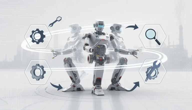 A sleek futuristic industrial robot in the center shown in three overlapping translucent silhouettes suggesting transformation and adaptability, each pose showing different configurations with articulated arms and modular components, set against a clean minimalist background with subtle geometric grid patterns, surrounded by floating technical icons including gear symbols, inspection magnifying glass, wrench tools, and agility motion arrows, color palette of sophisticated steel gray and white with accents of French blue and crimson red, industrial factory silhouette faintly visible in background, modern technical aesthetic with clean lines and precise geometric shapes, the robot design features smooth curves combined with angular mechanical elements suggesting both elegance and functionality, subtle circuit board patterns integrated into the background, professional corporate tech style with high contrast and sharp details, composition emphasizes innovation and versatility through dynamic arrangement of overlapping robot forms creating sense of movement and metamorphosis, floating hexagonal frames around key features highlighting modular adaptability, minimalist French industrial design influence with sophisticated color blocking.