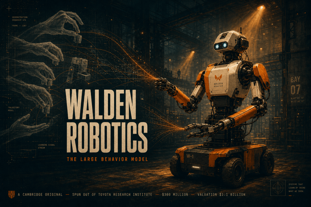 Humanoid factory robot silhouetted against factory interior, translucent hands demonstrating tasks with data streams into its