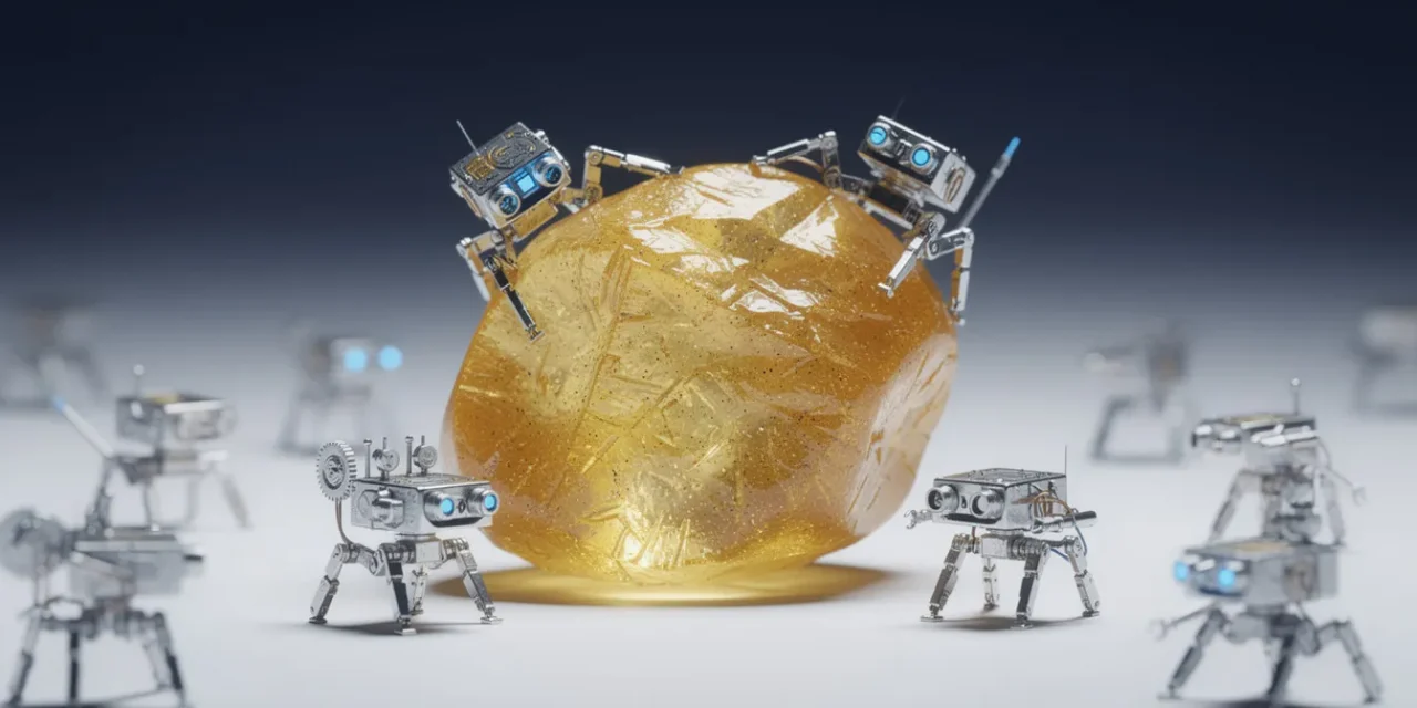 A stunning macro photograph showing a single translucent golden grain of sand in sharp focus at the center, with multiple microscopic metallic robots positioned around and on it to demonstrate extreme scale comparison, the microrobots feature intricate mechanical details with tiny legs, sensors, and articulated joints rendered in polished silver and chrome, each robot is clearly smaller than the sand grain showing precise engineering at microscopic scale, the background is a clean gradient from deep navy blue to soft white creating a scientific laboratory atmosphere, dramatic side lighting creates rim light effects on the sand grain making it glow while casting subtle shadows, the microrobots have LED-like blue accent lights suggesting active technology, some robots appear to be crawling on the sand surface while others are positioned nearby for scale reference, ultra-sharp focus with shallow depth of field emphasizing the incredible detail and miniaturization, the composition uses negative space effectively with the sand grain and robots occupying the center third, photorealistic rendering with scientific precision showing surface texture of the sand grain and mechanical components of the robots, cool color palette dominated by blues silvers and golds, clinical and futuristic aesthetic suggesting cutting-edge nanotechnology, the image conveys both the wonder of extreme miniaturization and the practical applications of microscopic robotics, professional scientific photography style with museum-quality lighting and composition.