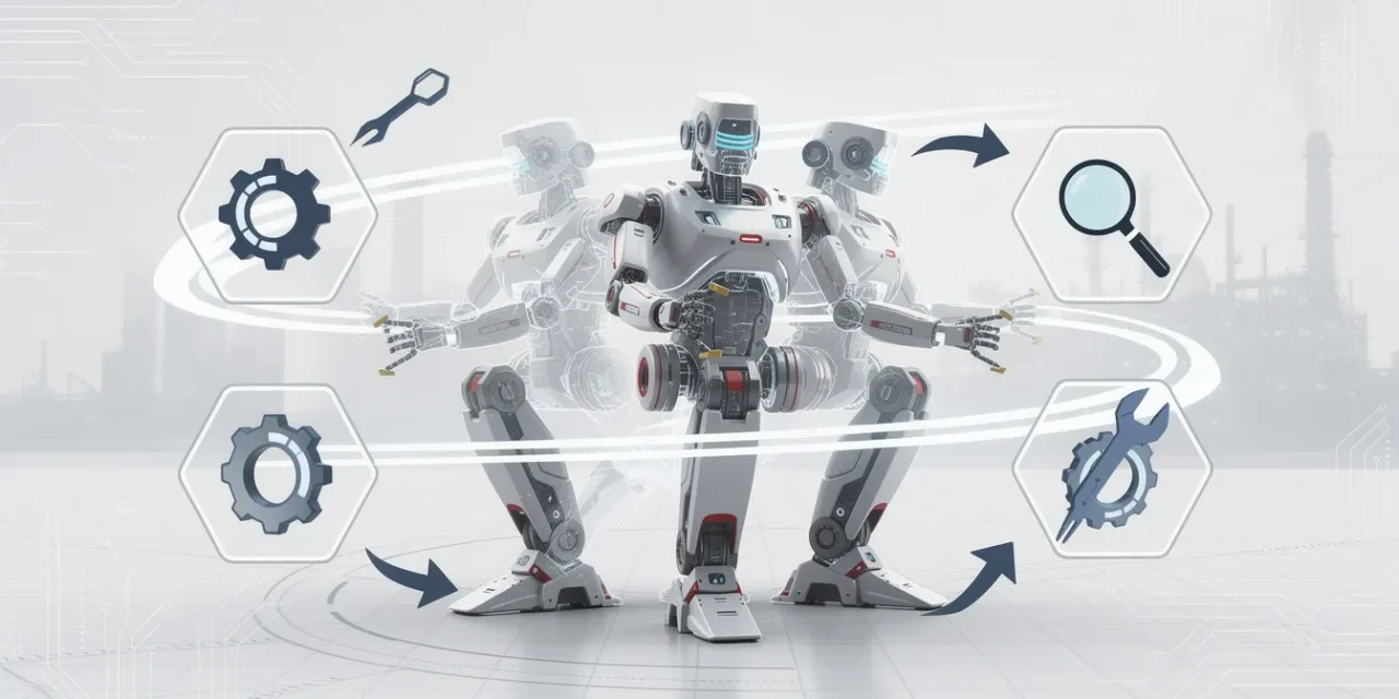 A sleek futuristic industrial robot in the center shown in three overlapping translucent silhouettes suggesting transformation and adaptability, each pose showing different configurations with articulated arms and modular components, set against a clean minimalist background with subtle geometric grid patterns, surrounded by floating technical icons including gear symbols, inspection magnifying glass, wrench tools, and agility motion arrows, color palette of sophisticated steel gray and white with accents of French blue and crimson red, industrial factory silhouette faintly visible in background, modern technical aesthetic with clean lines and precise geometric shapes, the robot design features smooth curves combined with angular mechanical elements suggesting both elegance and functionality, subtle circuit board patterns integrated into the background, professional corporate tech style with high contrast and sharp details, composition emphasizes innovation and versatility through dynamic arrangement of overlapping robot forms creating sense of movement and metamorphosis, floating hexagonal frames around key features highlighting modular adaptability, minimalist French industrial design influence with sophisticated color blocking.