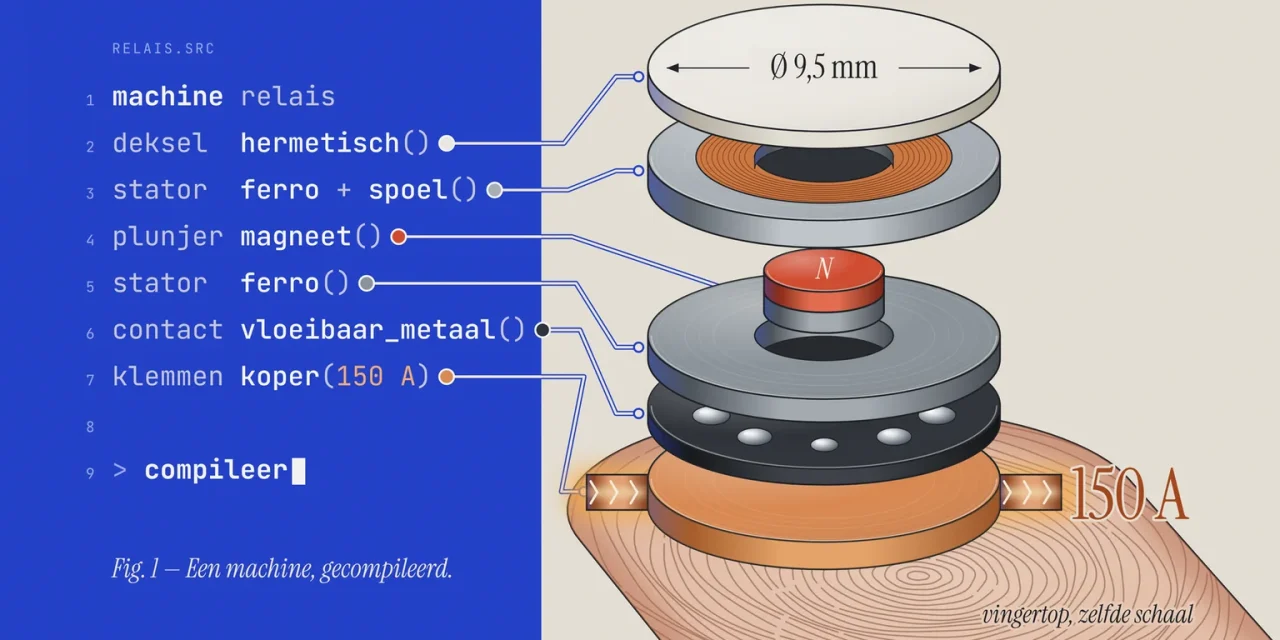 Code die een relais beschrijft, met lijnen naar de opengewerkte onderdelen op een vingertop: Ø 9,5 mm en 150 A