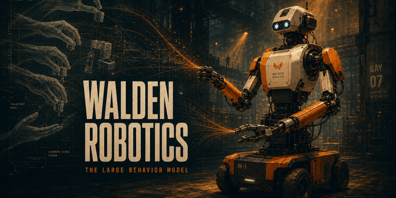 Humanoid factory robot silhouetted against factory interior, translucent hands demonstrating tasks with data streams into its